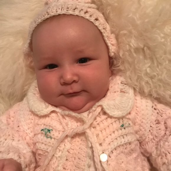 Vintage Pink PomPom Bon Bon Baby Crochet Sweater Hat Booties Set - Picture 10 of 11